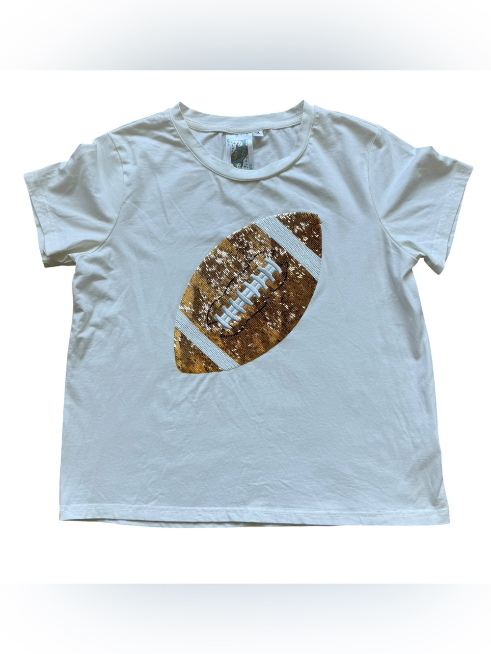 Queen of Sparkles Sequin Football Tee Youth XL Womens Small Game Day Shirt White
